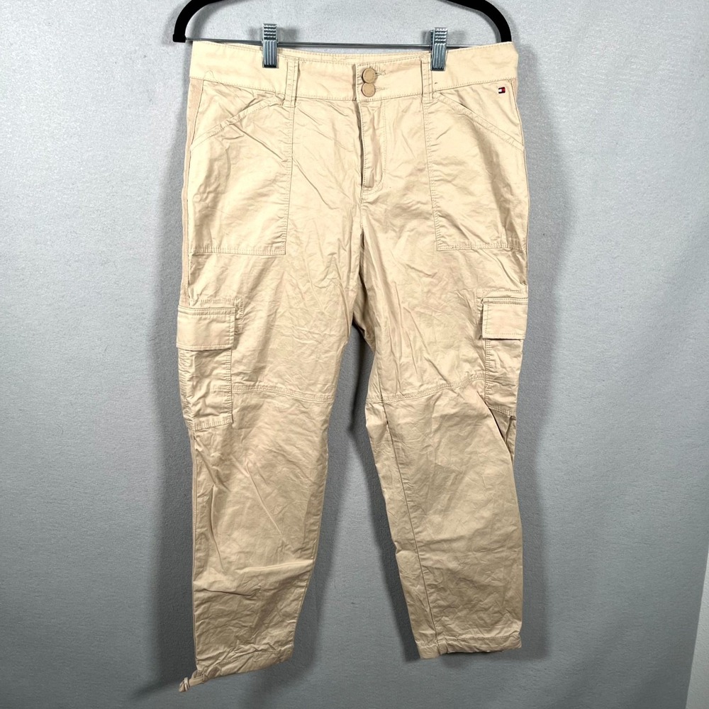 Tommy Hilfiger Cargo Pants Womens 6 Beige Cotton Drawcord Hem Straight Leg